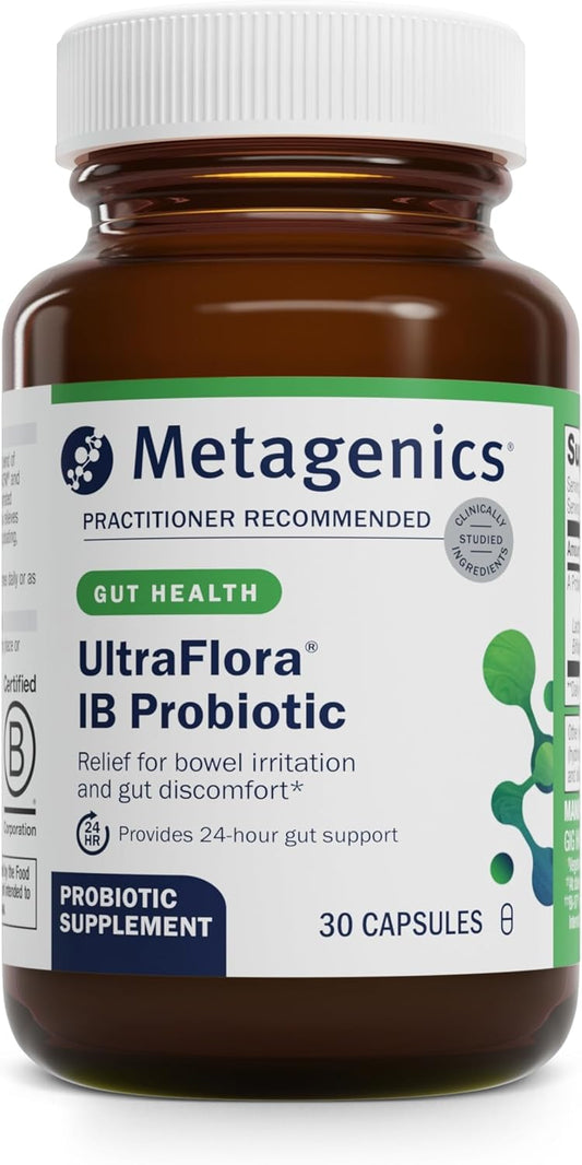 Metagenics UltraFlora IB Probiotics - Relief for Intestinal Distress - Anti-Bloating Formula - 60 Billion CFU - Non-GMO, Gluten-Free - 30 Capsules