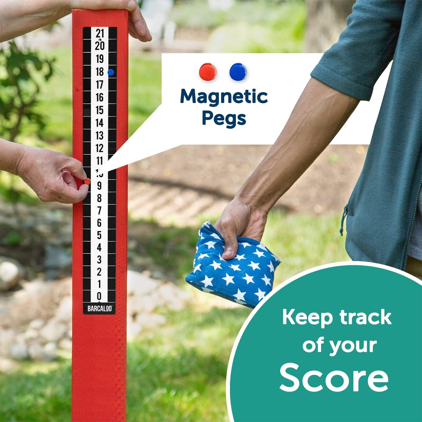 Metal Cornhole Scoreboard Decal with 2 Magnetic Score Keepers for Corn Hole Boards by Barcaloo