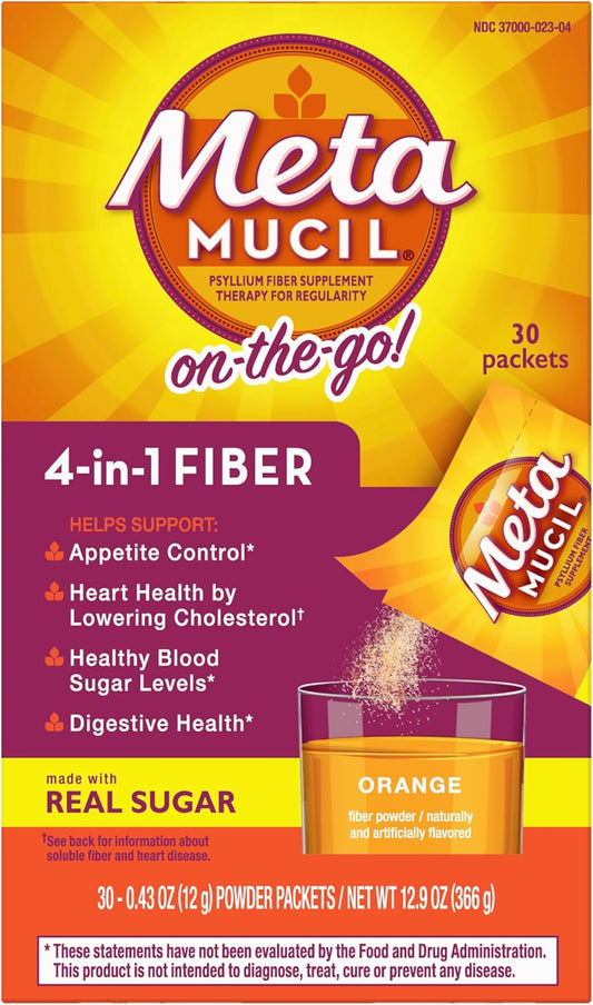 Metamucil On-the-Go Orange Smooth Fiber Drink Supplement, 60 Packets with Real Sugar, Daily Psyllium Husk Powder for Digestive Health - BoostGo Australia
