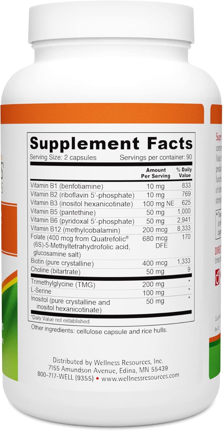 Methylated B Complex Capsules for Energy, Mood, Hair - 180 Count