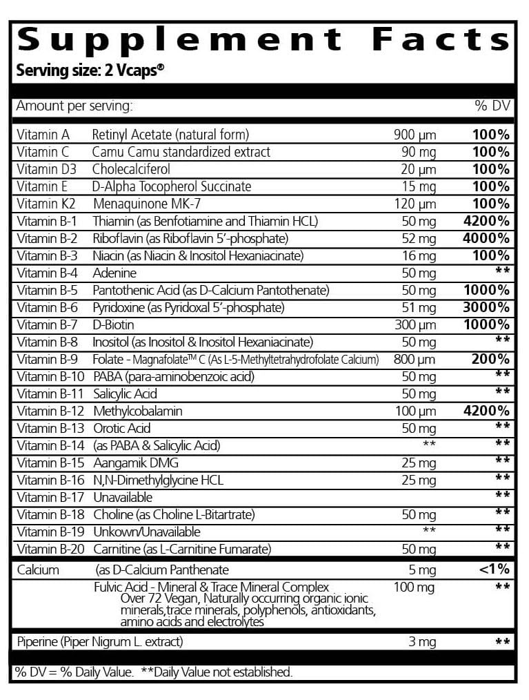 Methylectric B-50 Complex: Methylated B1-B20 Multi-Vitamin with Fulvic Minerals in Veggie Capsules