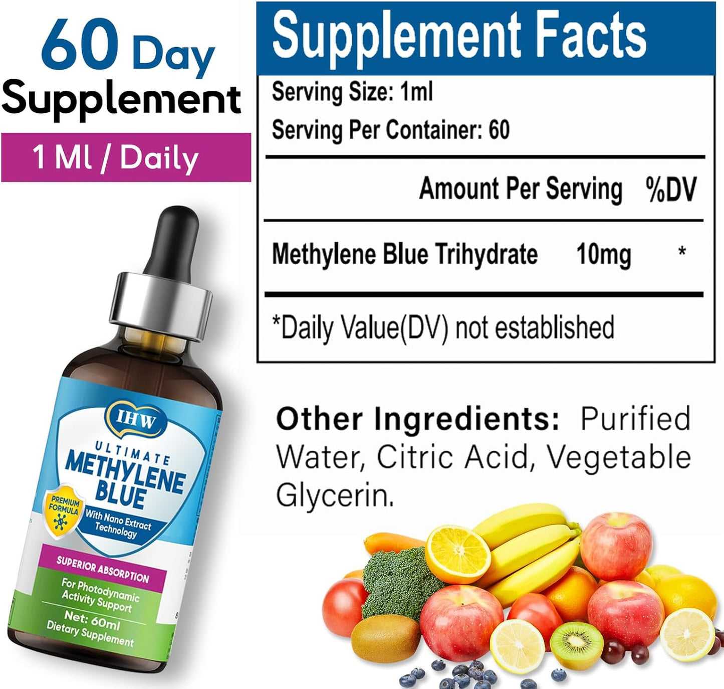 Methylene Blue Liquid Drops for Brain Health, High Absorption Supplement, USP Grade, No Formaldehyde
