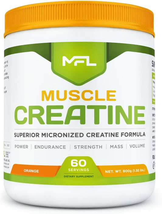 MFL Muscle Creatine Supplement - 3 Micronized Forms, 10g, 0 Sugar, Stevia Sweetened, All-Natural, 60 Servings - Orange Flavor