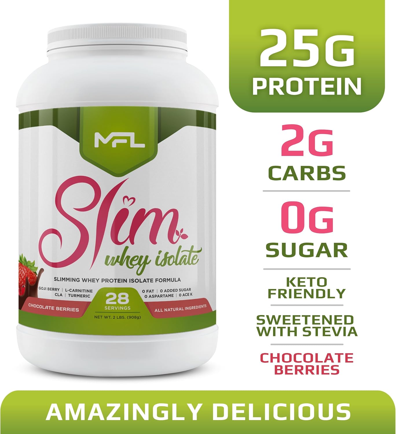 MFL Slim Whey Protein Powder with 28g Protein, Low Carbs, and Stevia Sweetener - 2 lbs Chocolate Berries