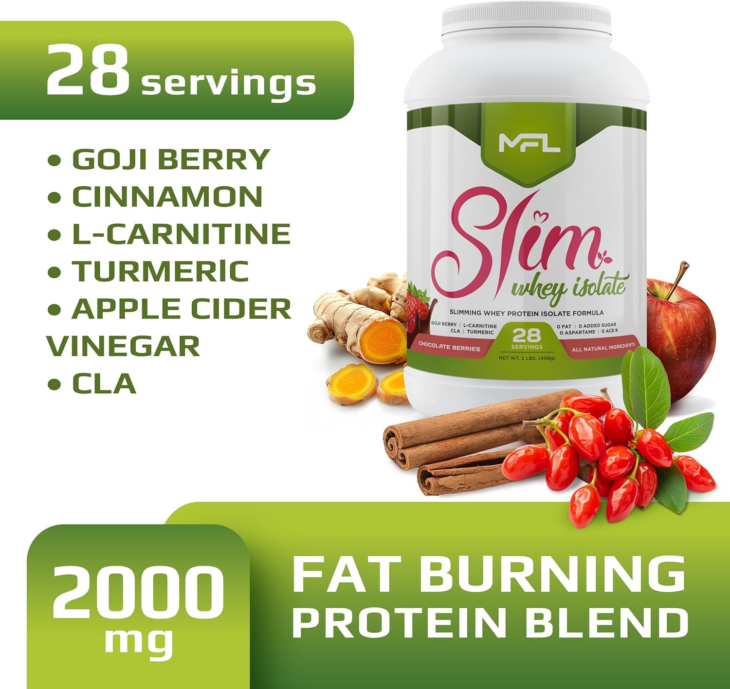 MFL Slim Whey Protein Powder with 28g Protein, Low Carbs, and Stevia Sweetener - 2 lbs Chocolate Berries