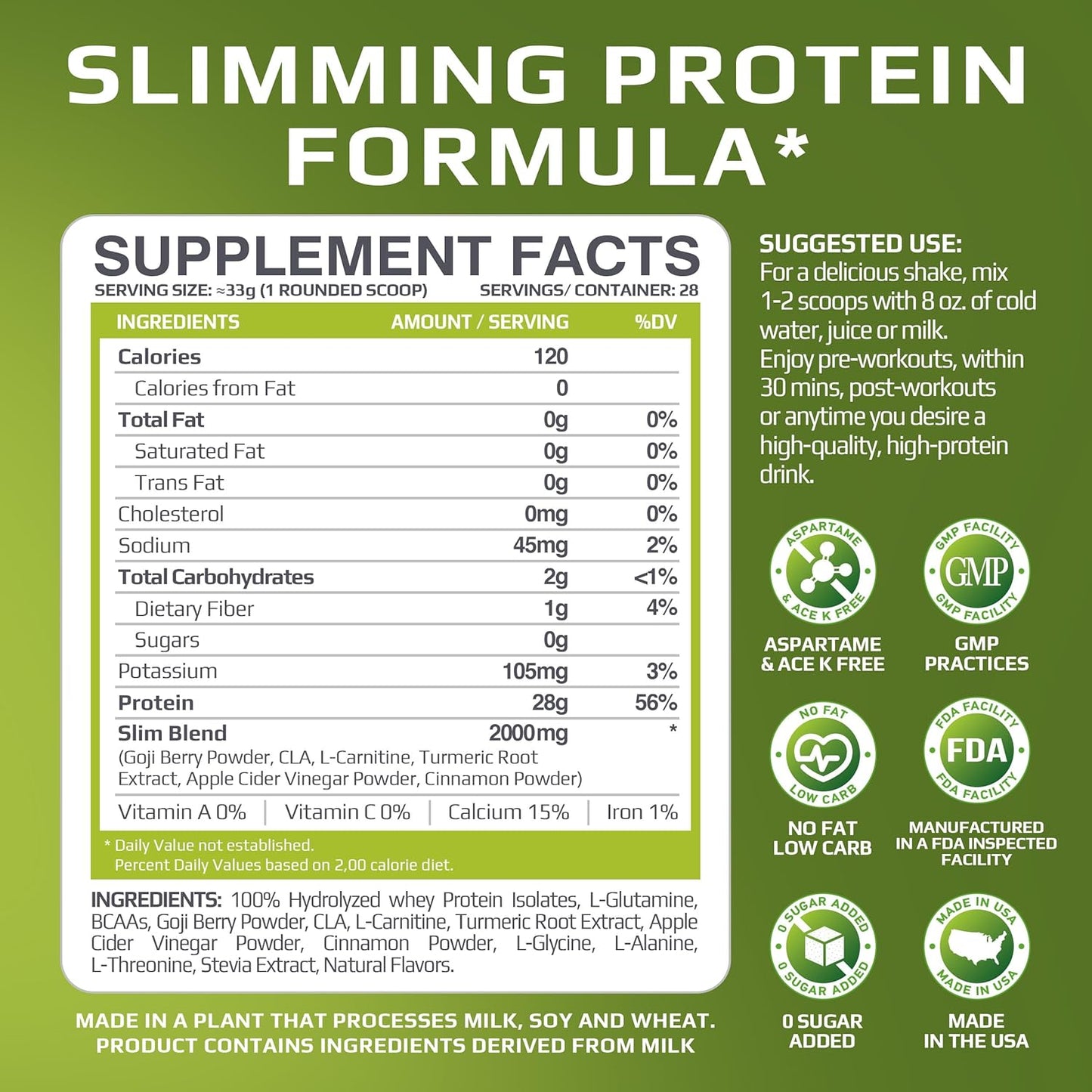 MFL Slim Whey Protein Powder with 28g Protein, Low Carbs, and Stevia Sweetener - 2 lbs Chocolate Berries