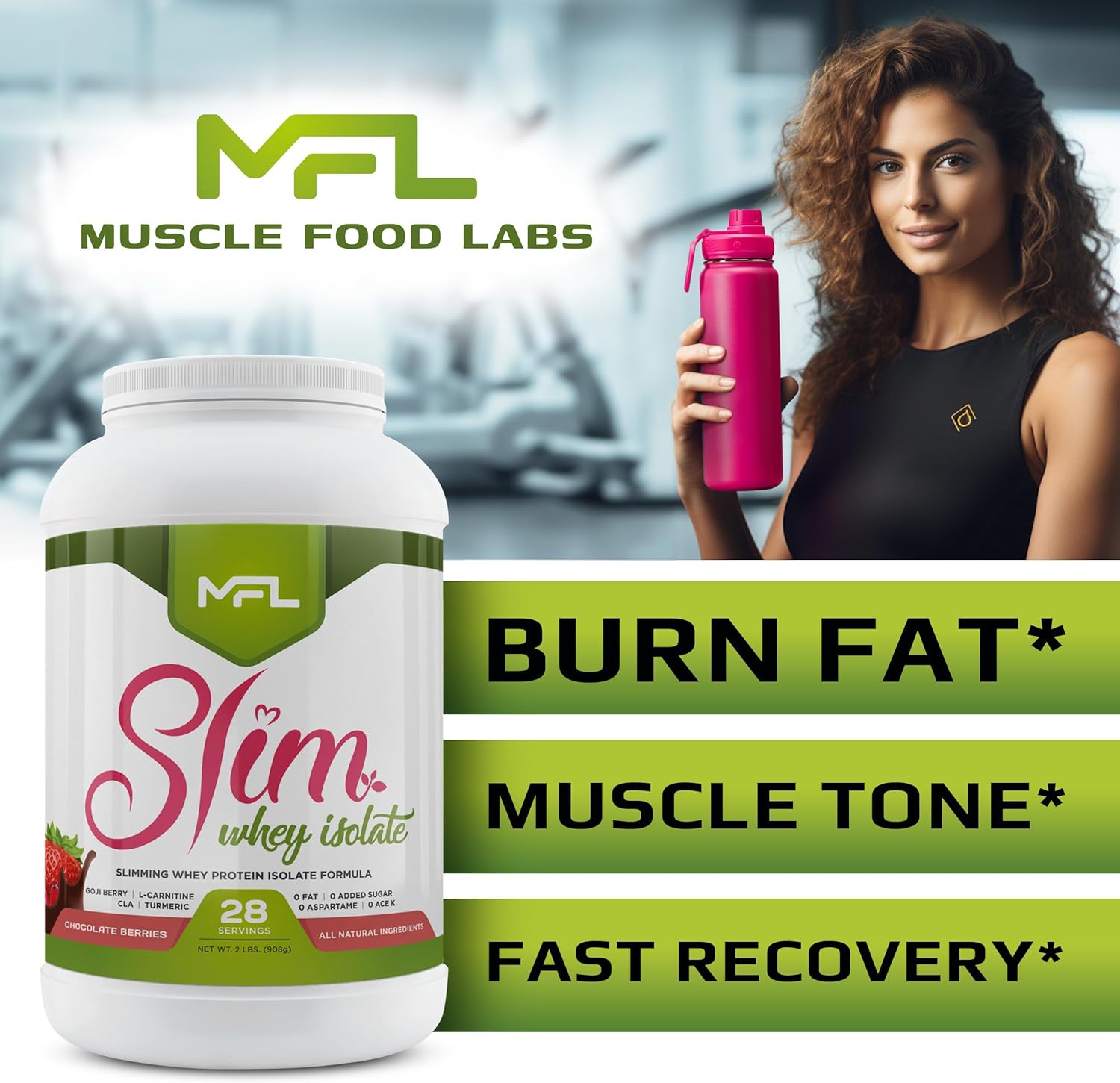 MFL Slim Whey Protein Powder with 28g Protein, Low Carbs, and Stevia Sweetener - 2 lbs Chocolate Berries