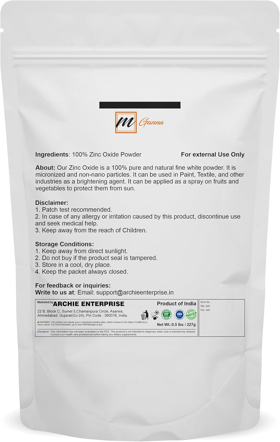 mGanna Zinc Oxide Powder 0.5 LBS - 100% Natural, Micronized, Non-Nano, Uncoated Particles