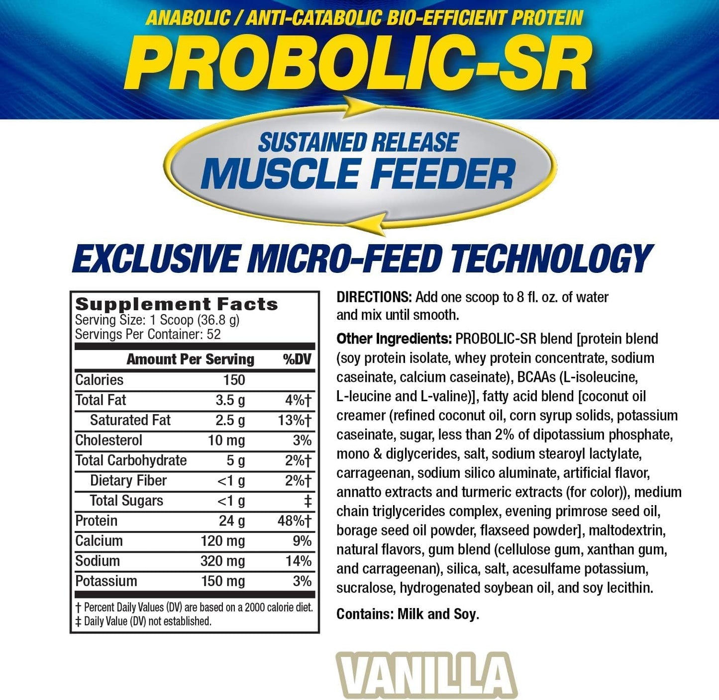 MHP Probolic-SR Sustained Release Protein Powder - 24g Protein, BCAAs, Glutamine, Arginine - Pre, Post, Nighttime - 4lbs, 52 Servings - Vanilla Flavor