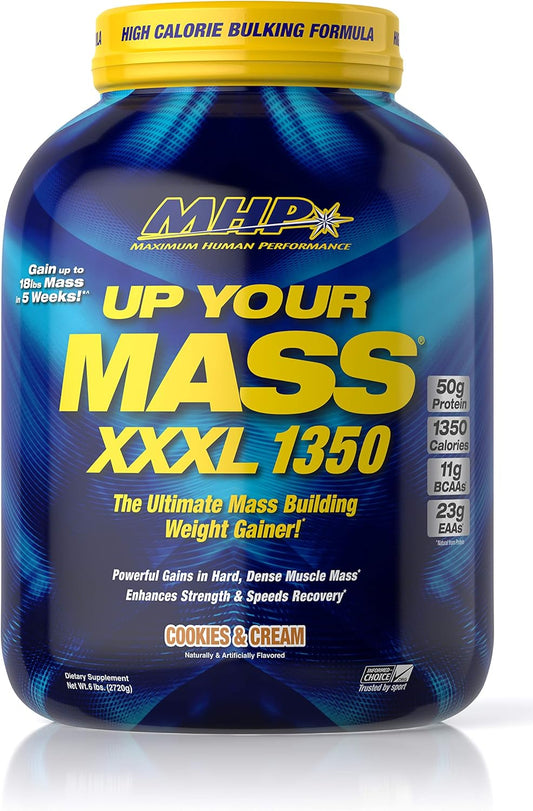 MHP UYM XXXL 1350 Mass Gainer - Cookies & Cream Flavor, 50g Protein, High Calories, 11g BCAAs, Leucine - Muscle Mass Gains, 8 Servings, 6lb