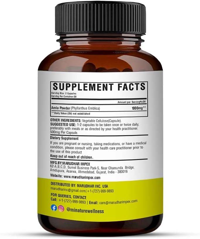 mi Nature Amla Fruit Powder Capsules - 60 Vcaps, 500mg - 1 Month Supply - Raw, Vegan, Gluten-Free - Made in India - Pure & Natural Indian Gooseberry Supplement