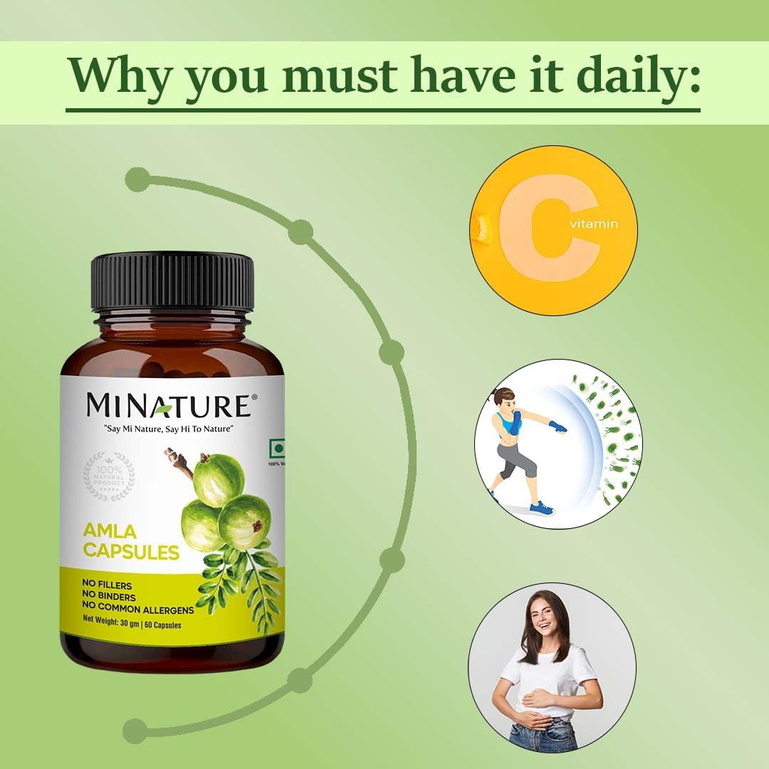 mi Nature Amla Fruit Powder Capsules - 60 Vcaps, 500mg - 1 Month Supply - Raw, Vegan, Gluten-Free - Made in India - Pure & Natural Indian Gooseberry Supplement