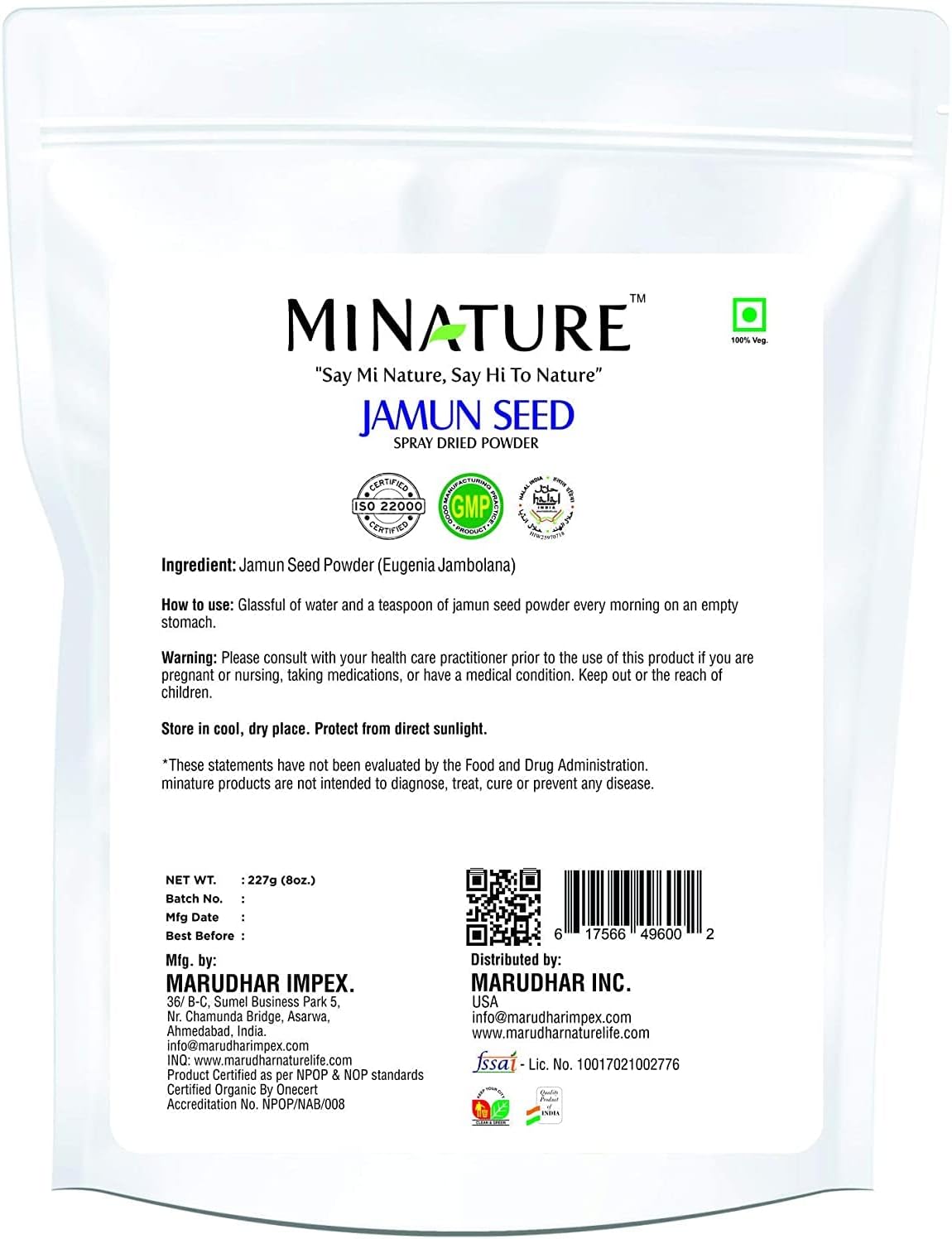 mi Nature Miniature Jamun Seed Powder (Eugenia Jambolana) - 227g (8 oz) - Herbal Supplement for Improved Digestion