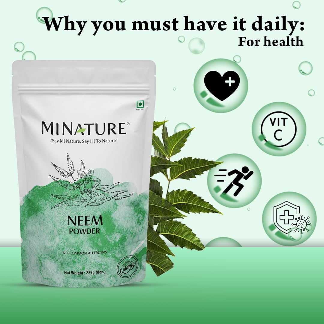 mi Nature Organic Neem Powder (Azardirachta Indica) 227g - Non GMO, Vegan - Skin, Hair, Nail - 0.5 lb