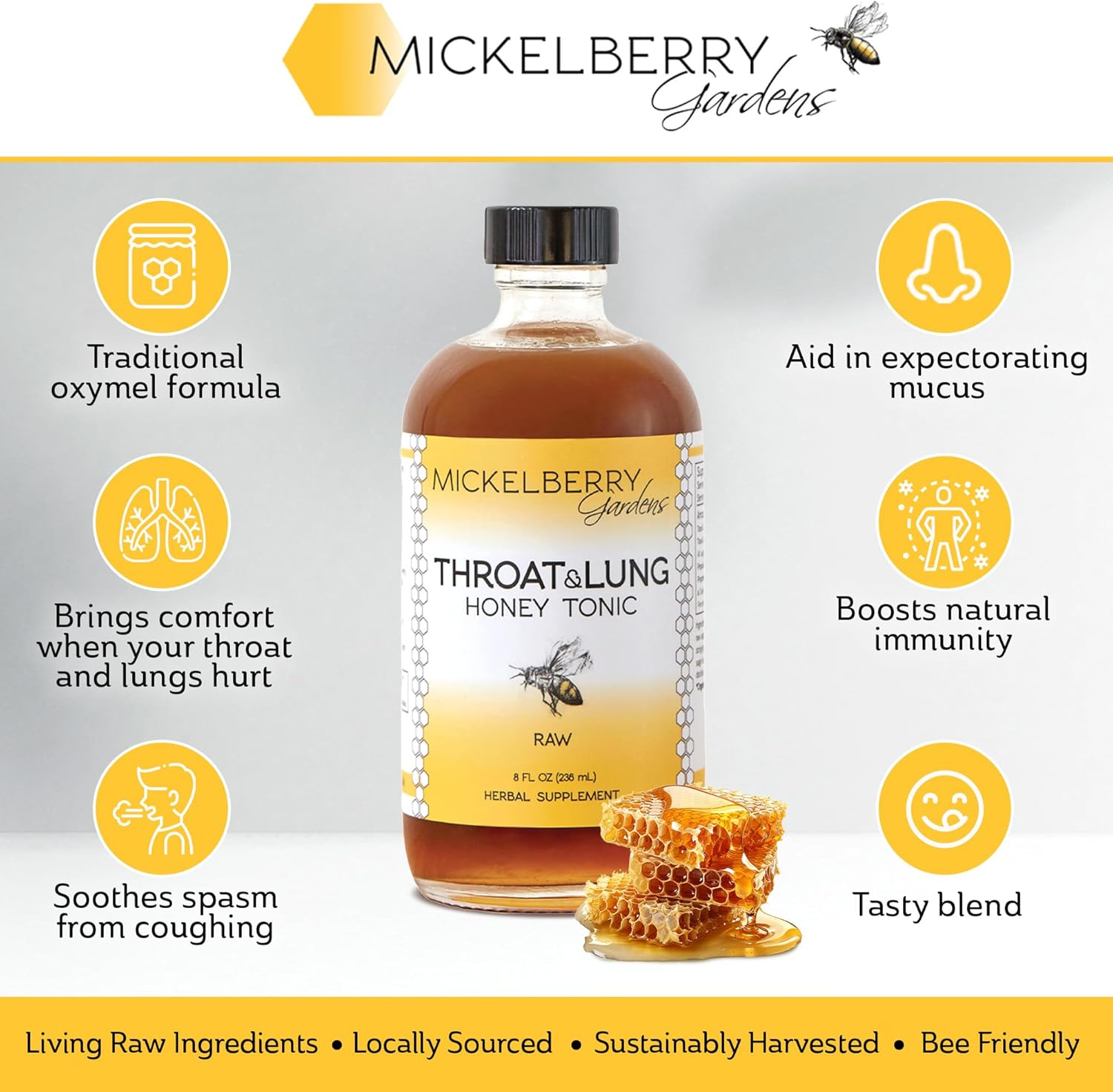 Mickelberry Gardens Throat & Lung Honey Tonic: Natural Wellness Syrup for Sore Throat, Immune Support, and Cough Relief - 4 oz, 2 Pack