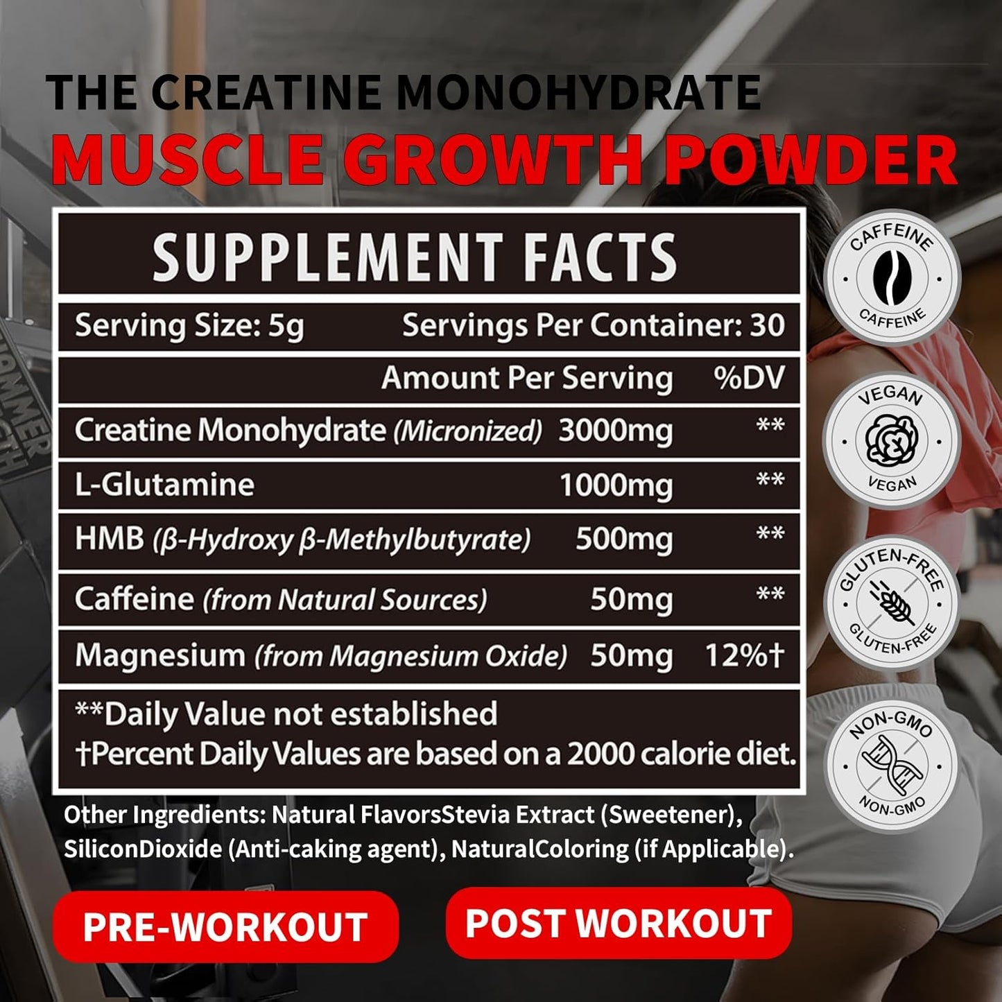 Micronized Creatine Monohydrate Powder for Muscle Growth & Recovery - Gluten Free, Unflavored - 30 Servings - Creatine HMB & Glutamine - Men & Women