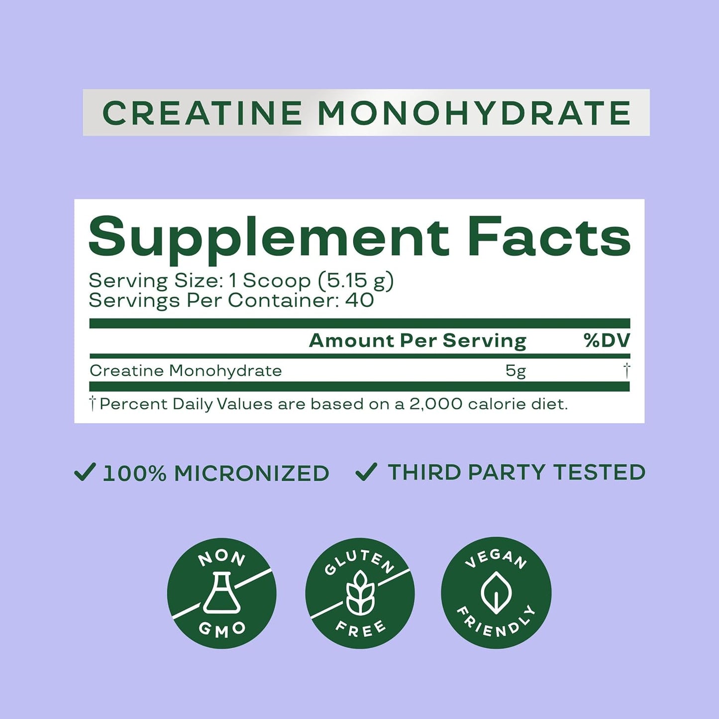 Micronized Creatine Monohydrate Powder for Muscle Recovery, Strength, & Endurance - 5g per Serving, Gluten Free, Non GMO - 40 Servings, 7.3 oz