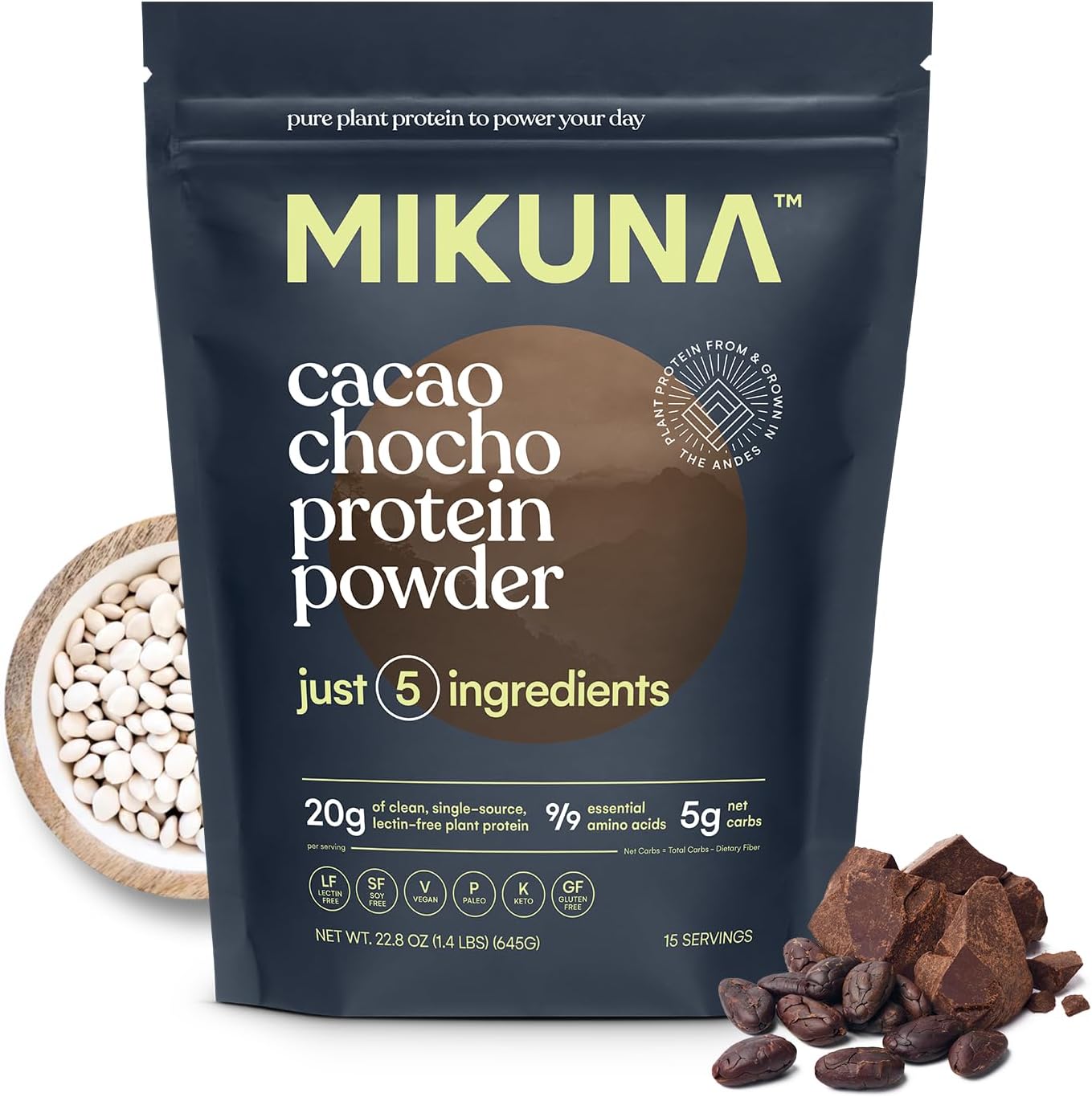 Mikuna Cacao Vegan Protein Powder - Plant Based Chocho Superfood Protein with Vitamins & Minerals - Dairy Free, Gluten Free, Keto Friendly