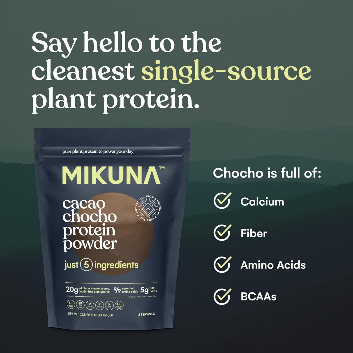 Mikuna Cacao Vegan Protein Powder - Plant Based Chocho Superfood Protein with Vitamins & Minerals - Dairy Free, Gluten Free, Keto Friendly