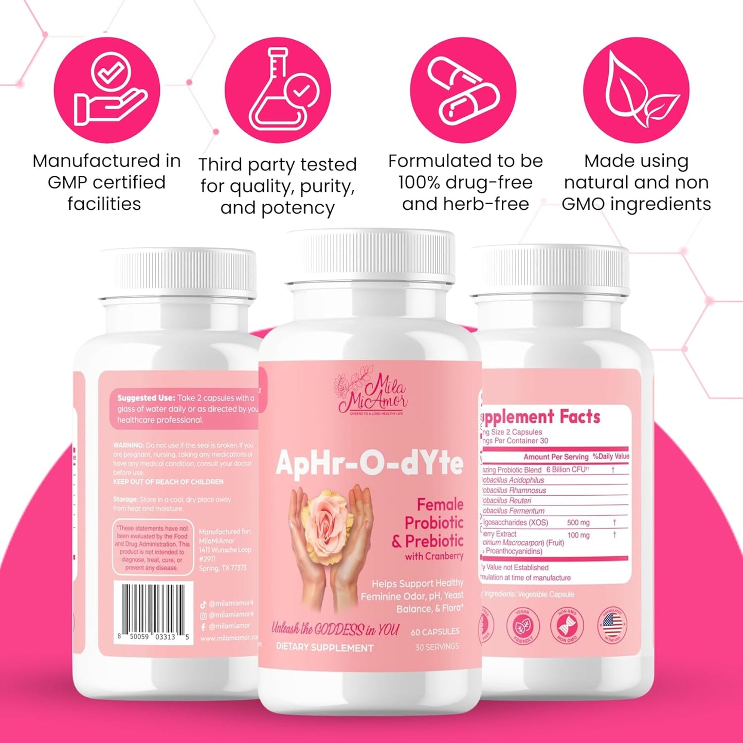 Mila Miamor Milamiamor ApHr-O-dYte Women’s Probiotic & Prebiotic Cranberry Supplement - Gluten-Free, Non-GMO, pH Balance, Odor Control, Urinary Tract - 60 Capsules