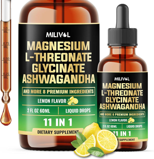MILIVOL 10-in-1 Magnesium L-Threonate Liquid Drops with Ashwagandha and Essential Vitamins - 2 Fl Oz - Lemon Flavor