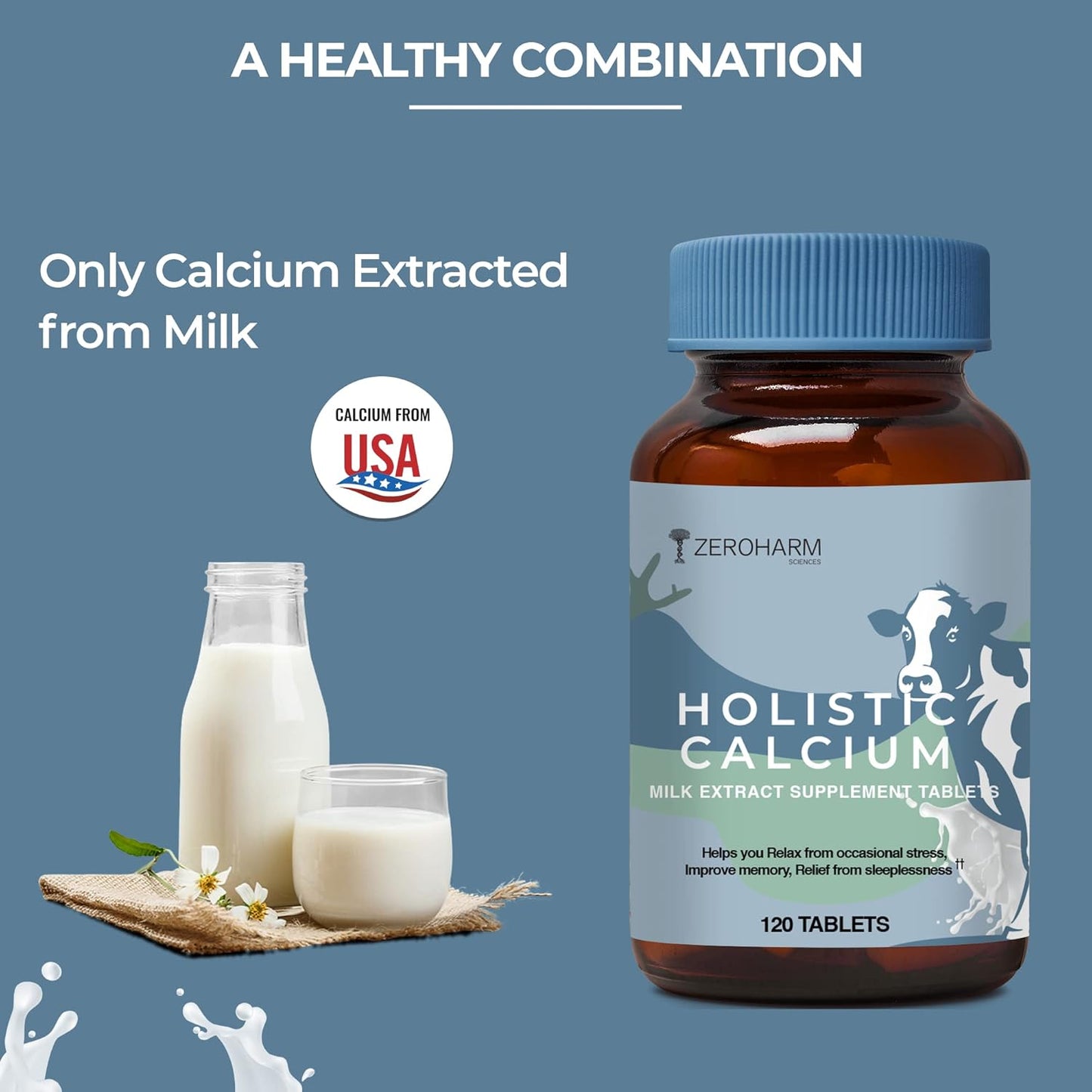 Milk-Based Calcium Supplement with Vitamin D3, K2-7, Magnesium & Phosphorus for Joint Support and Bone Strength - 120 Tablets