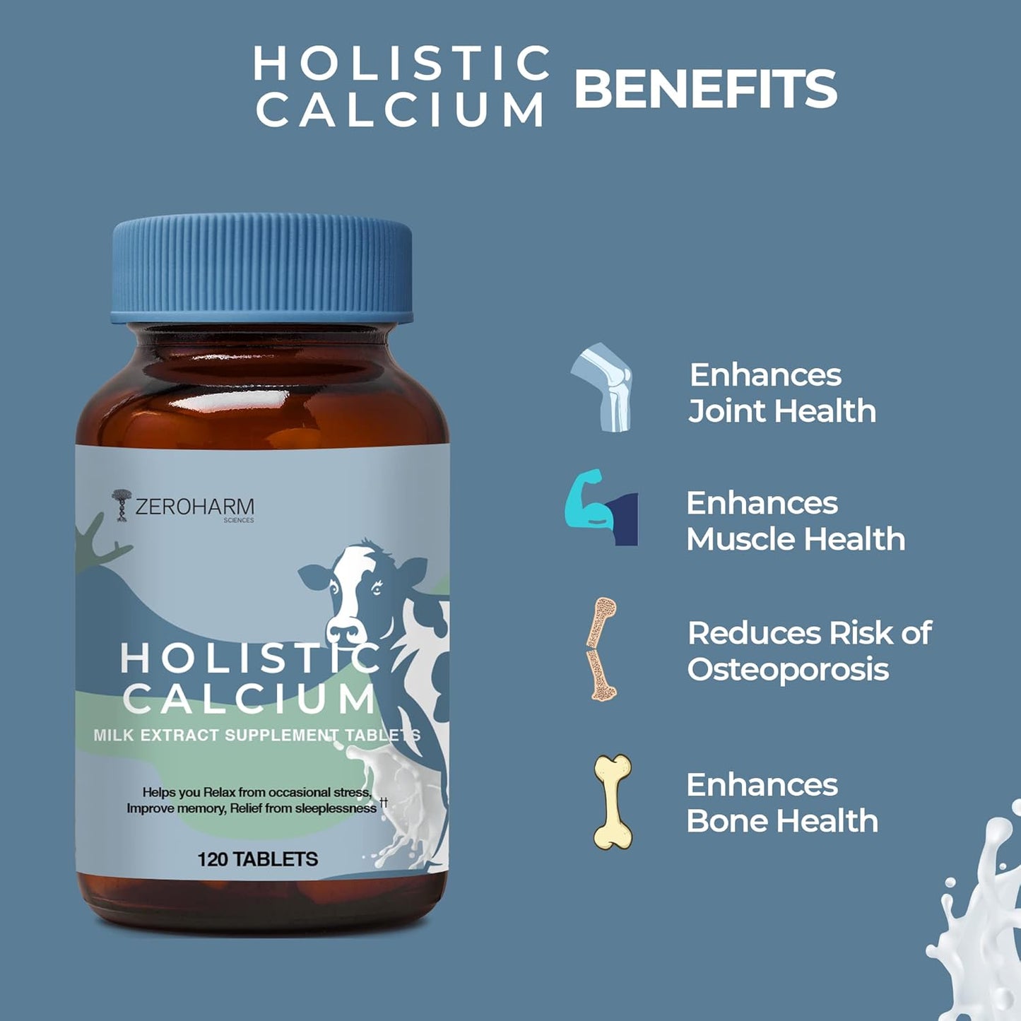 Milk-Based Calcium Supplement with Vitamin D3, K2-7, Magnesium & Phosphorus for Joint Support and Bone Strength - 120 Tablets