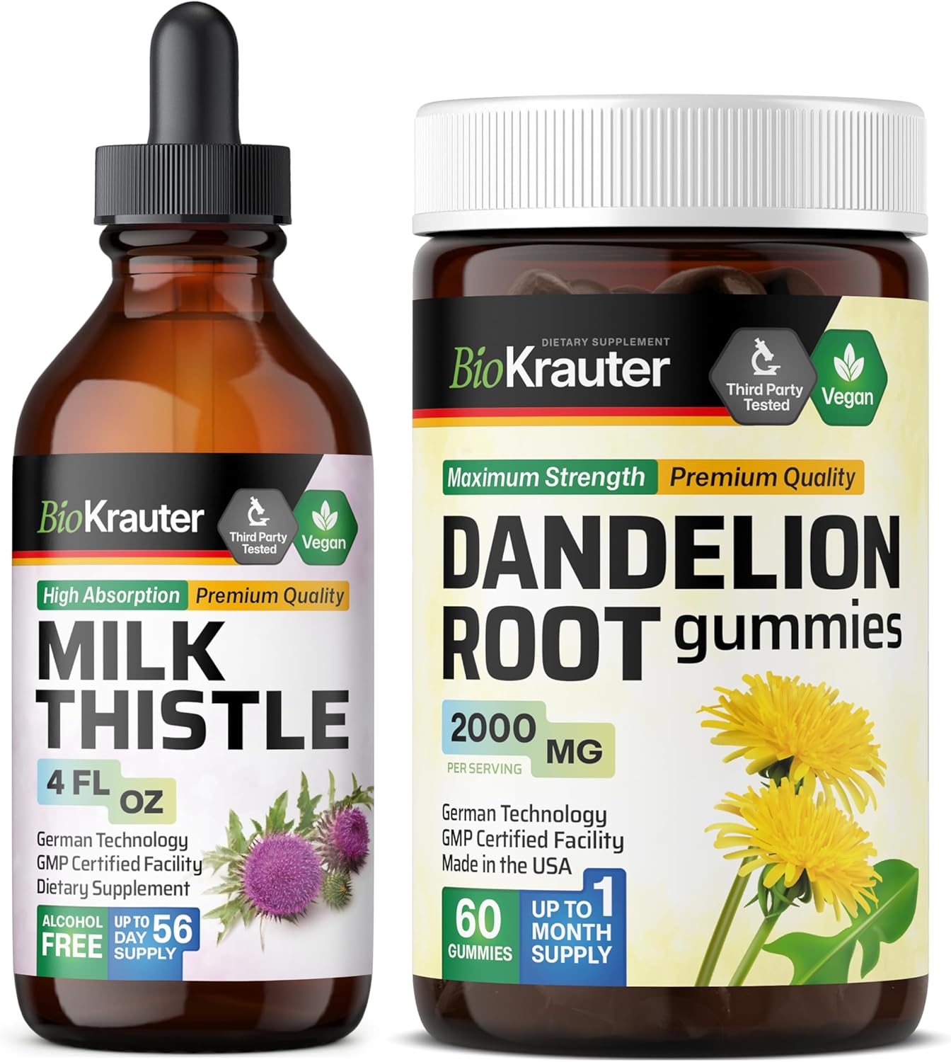 Milk Thistle Tincture 4 Fl. Oz. & Dandelion 60 Gummies by BIO KRAUTER - Herbal Liver Support Supplement