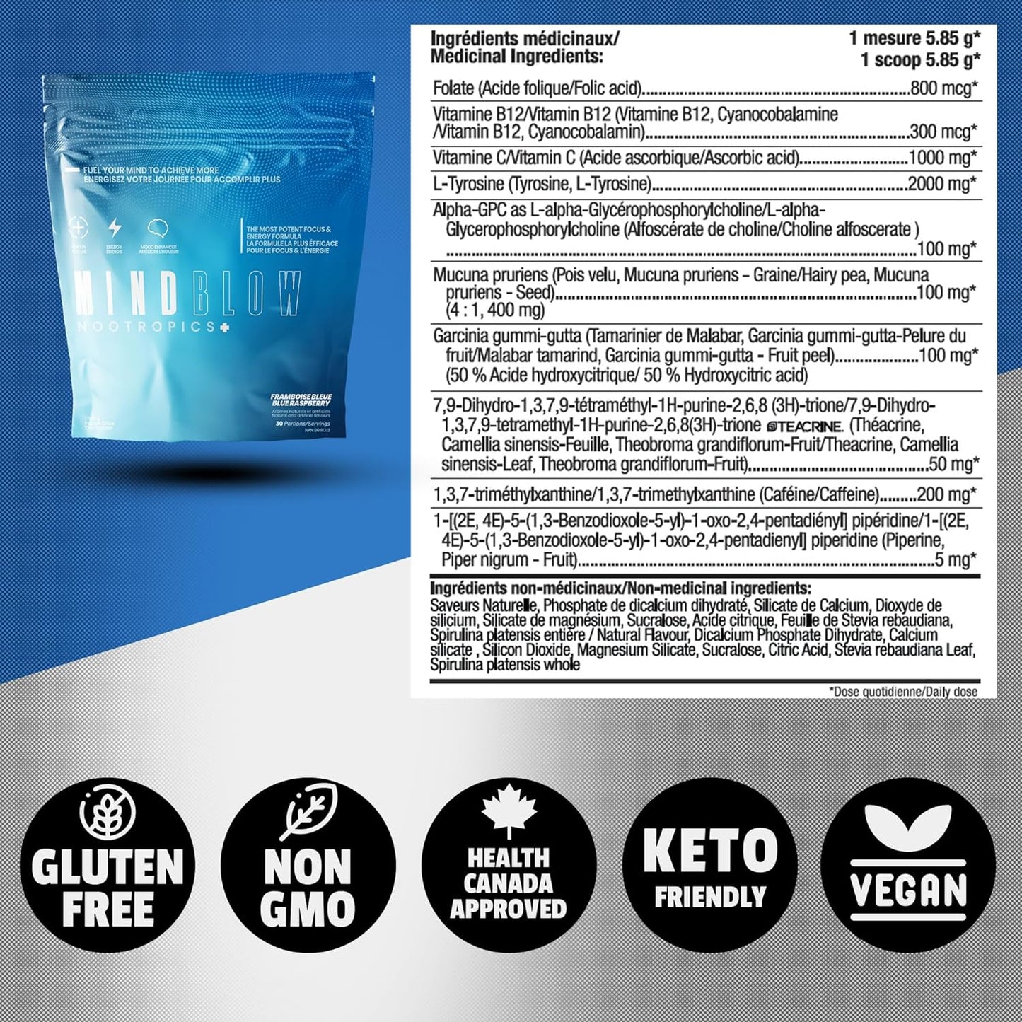 Mind-Boosting Nootropic Brain Supplement with Caffeine, L-Tyrosine, Teacrine & Alpha GPC - Energy, Focus & Mood Enhancer for Gamers, Gym Enthusiasts, Students & Entrepreneurs - 30 Servings (Blue Raspberry)