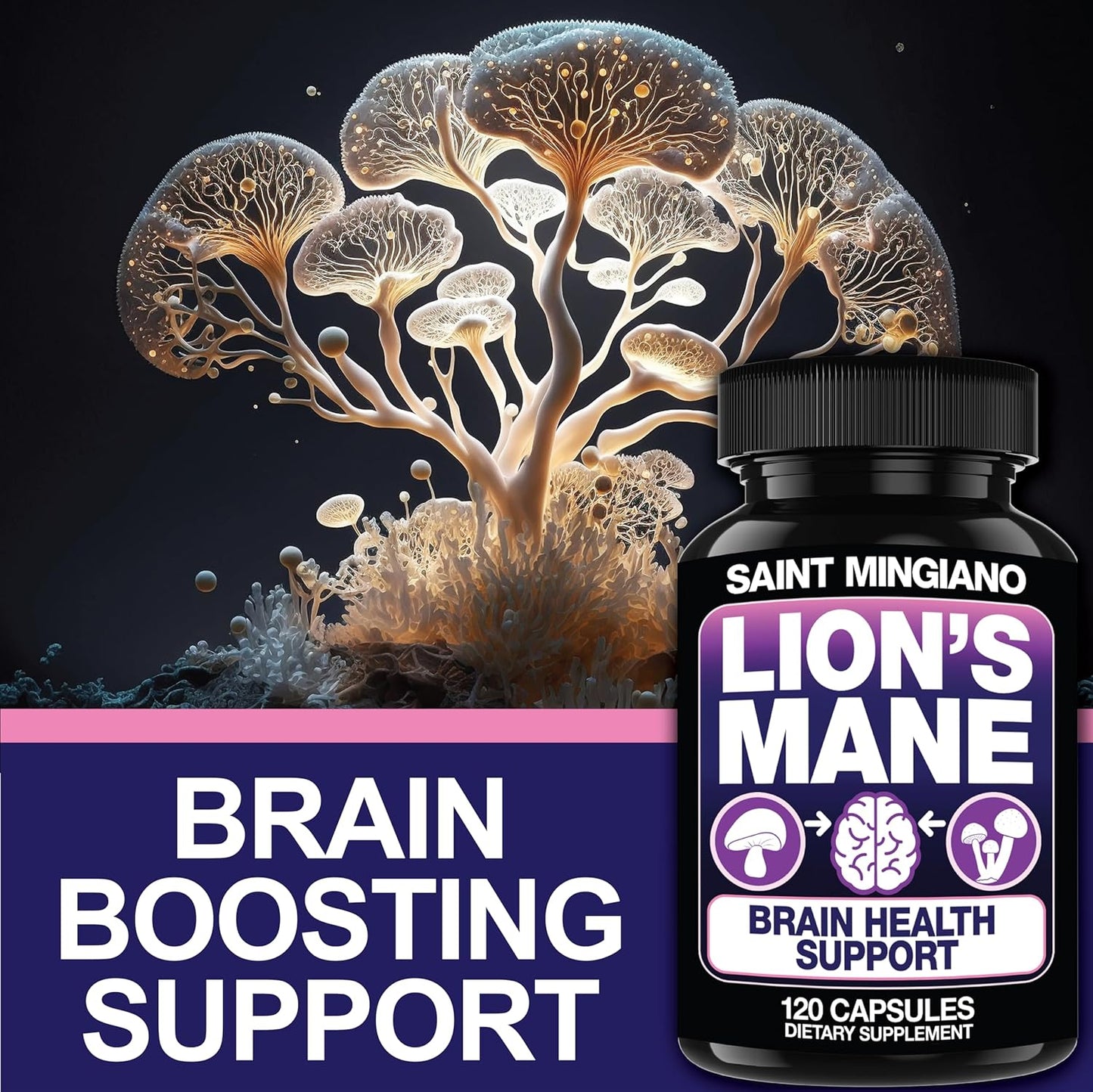 Mingiano Lion's Mane Mushroom Supplement - 120 Capsules for Cognitive Clarity and Focus with 4 Mushroom Mycelium Blend