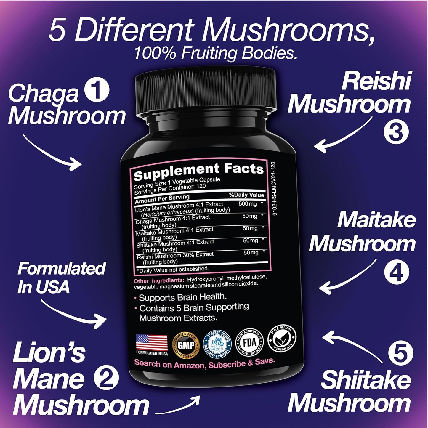 Mingiano Lion's Mane Mushroom Supplement - 120 Capsules for Cognitive Clarity and Focus with 4 Mushroom Mycelium Blend