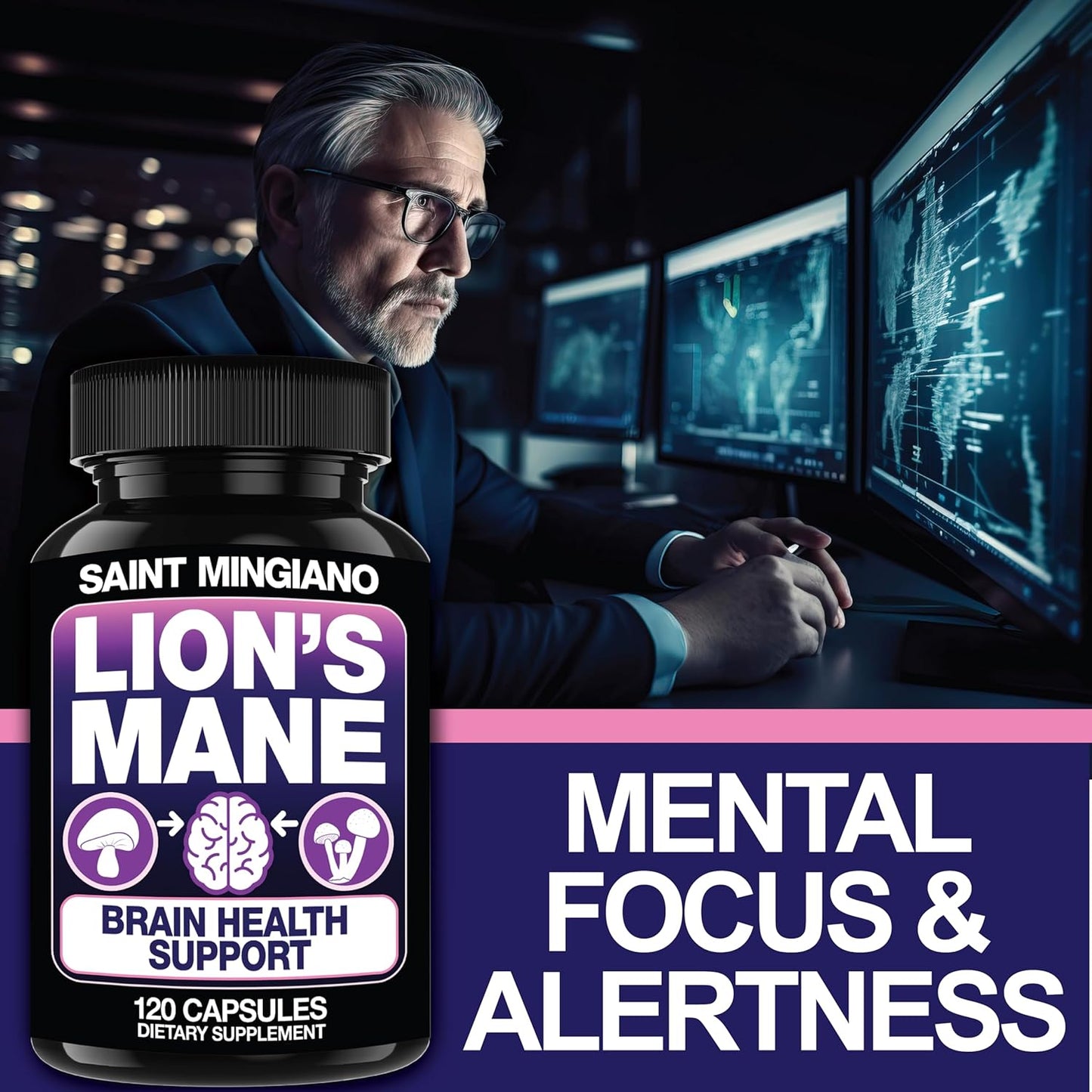 Mingiano Lion's Mane Mushroom Supplement - 120 Capsules for Cognitive Clarity and Focus with 4 Mushroom Mycelium Blend