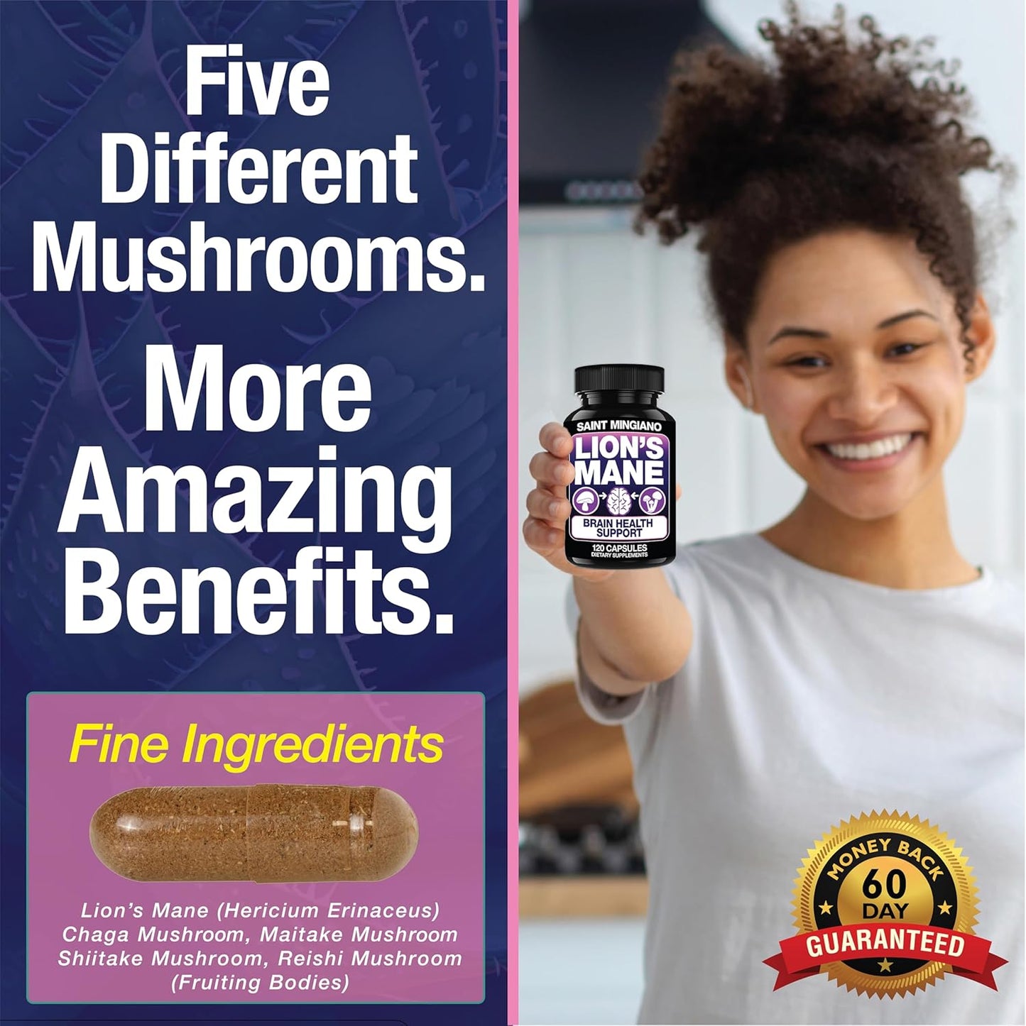 Mingiano Lion's Mane Mushroom Supplement - 120 Capsules for Cognitive Clarity and Focus with 4 Mushroom Mycelium Blend