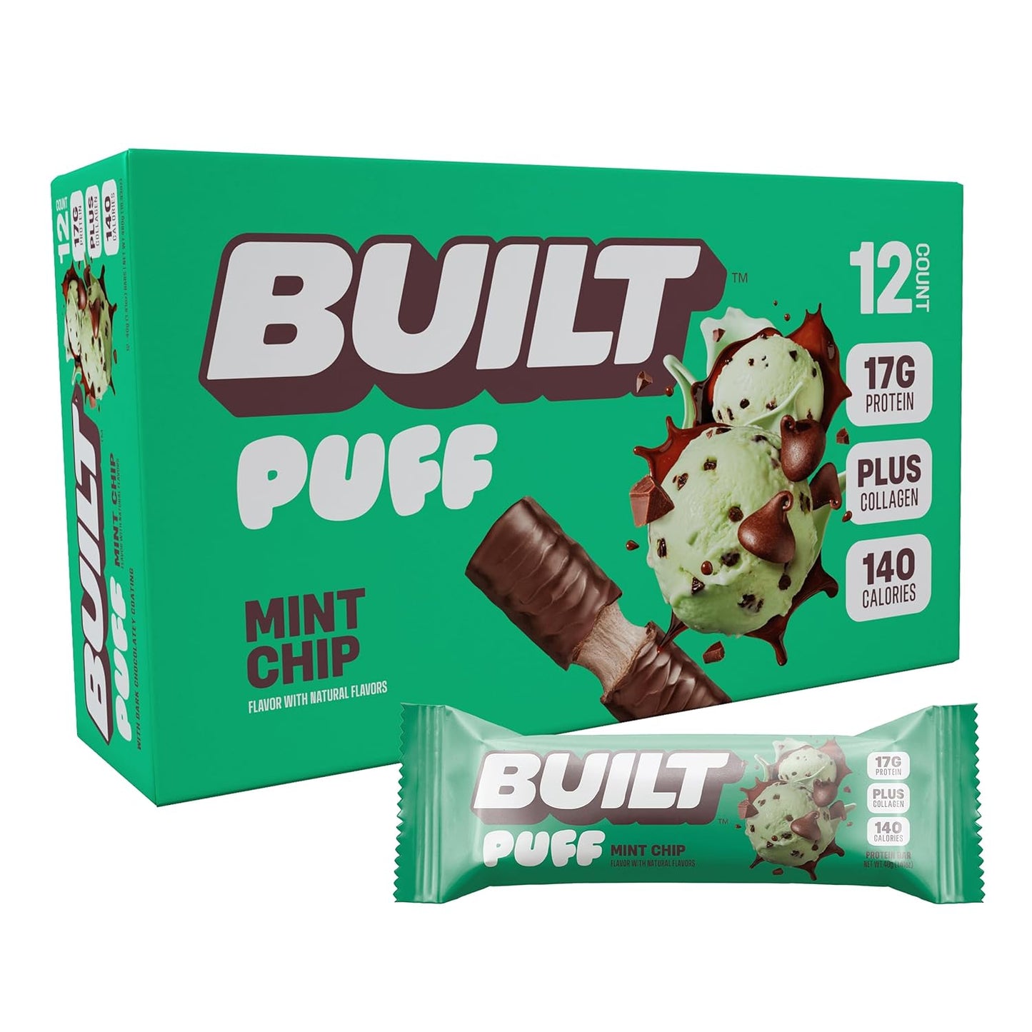 Mint Chip Puff Protein Bars - High Protein Snacks with Collagen, 140 Calories, Gluten Free - 12 Count