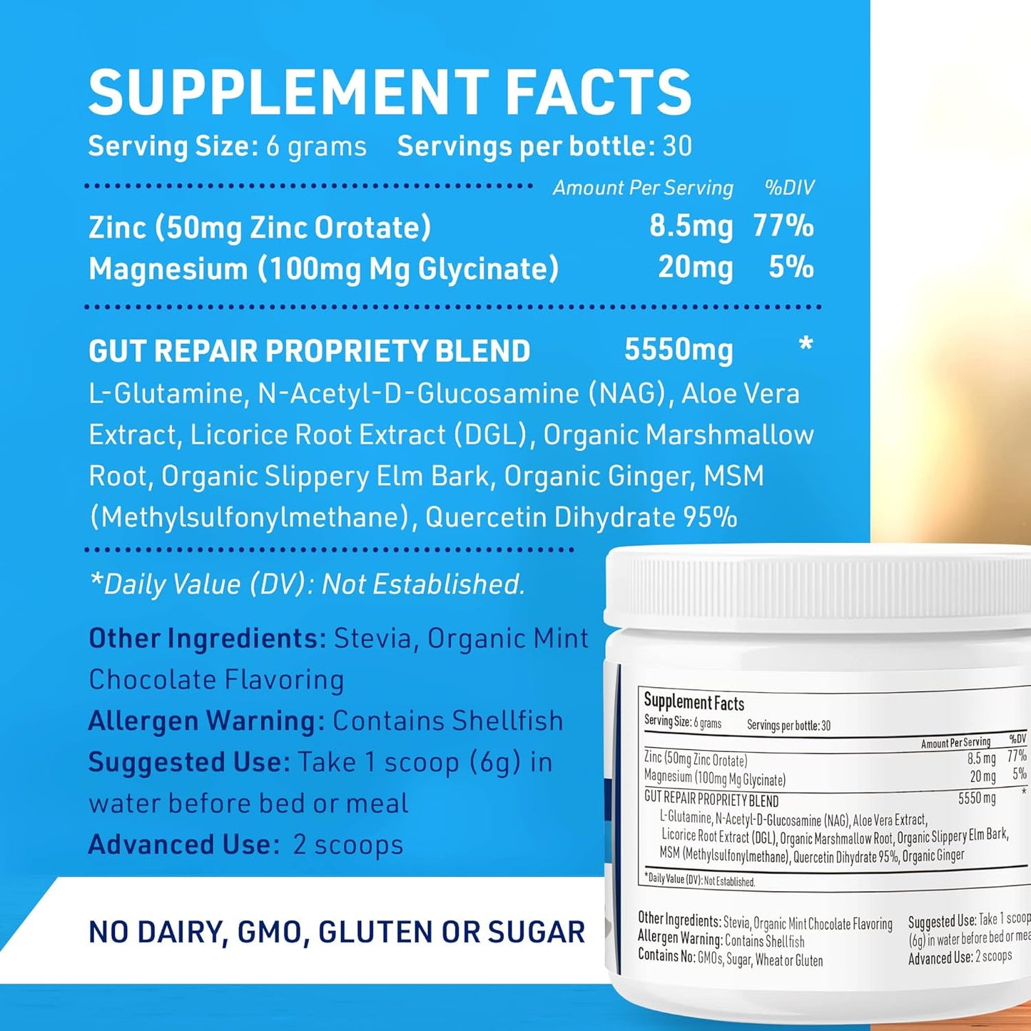 Mint Chocolate Gut L Glutamine Powder for Gut Health, Gluten-Free Supplement for Bloating and IBS Relief, 180g - Liver Medic