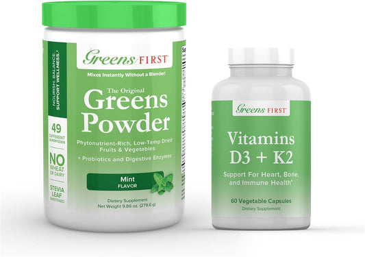 Mint Greens First Superfood Powder with 49 Superfoods - 30 Servings + D3+K2 Vitamins - Non-GMO & Vegan - 9.86 oz & 60 Capsules