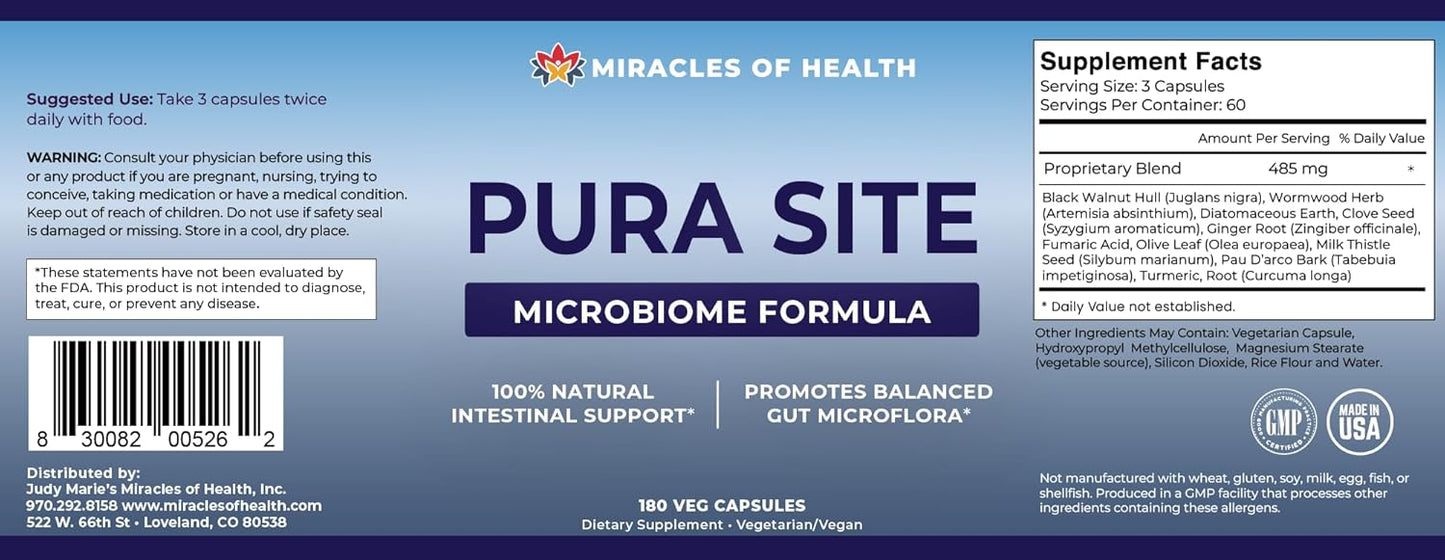 Miracles of Health Pura Site Intestinal Health Formula - 180 Capsules with Diatomaceous Earth, Black Walnut Hull, Wormwood, Clove, Ginger, Turmeric - Herbal Supplement for Gut Health
