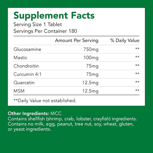 Mission Hill Foods Bone & Joint Health Supplement with Glucosamine, Chondroitin, MSM, Mastic, and Curcumin - 750mg, 180 Capsules, 6 Months Supply - Vitamin for Joint Support, Non-GMO & Gluten Free