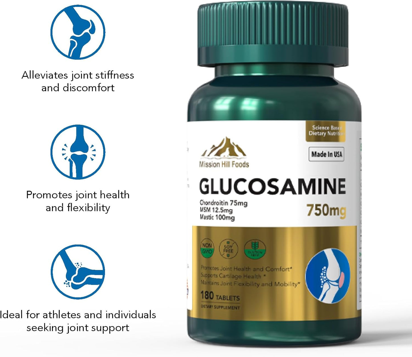 Mission Hill Foods Bone & Joint Health Supplement with Glucosamine, Chondroitin, MSM, Mastic, and Curcumin - 750mg, 180 Capsules, 6 Months Supply - Vitamin for Joint Support, Non-GMO & Gluten Free