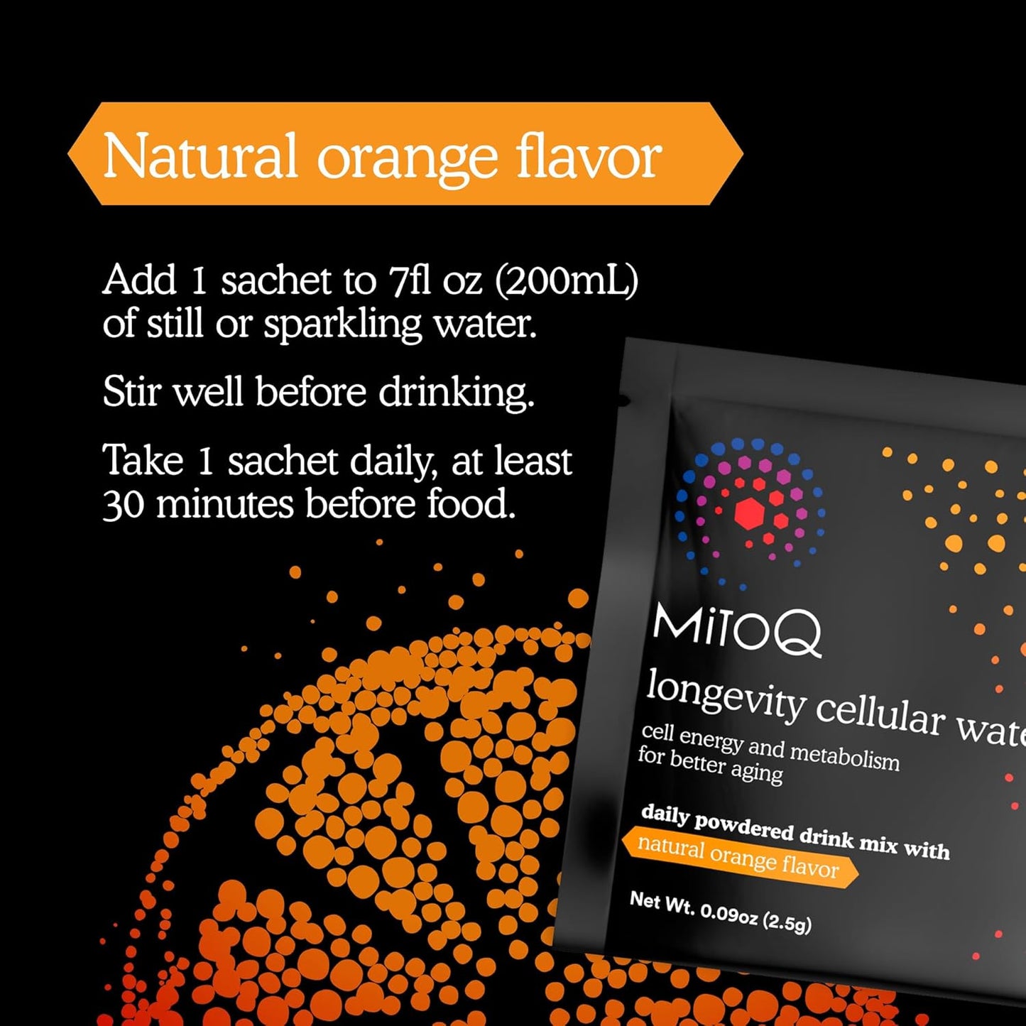 MitoQ Longevity Cellular Water Drink Mix - Orange Flavor - Antioxidant for Cell Energy & Metabolism - 30 Packets