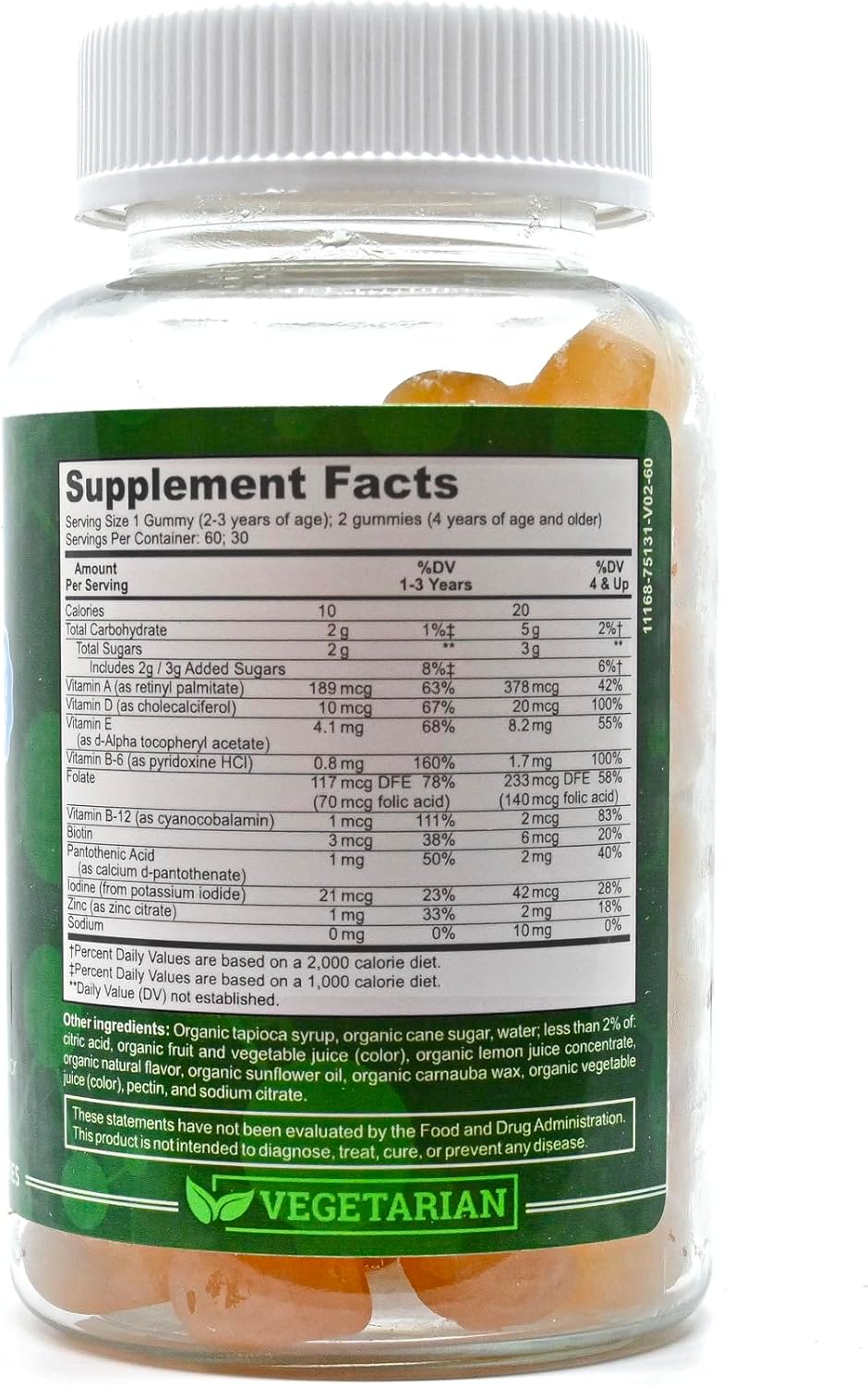 MiVita Organic Children's Multivitamin Gummies 60ct - All-Natural Vegetarian Plant-Based Fruit Gummies for Kids & Teens - Low Sugar & Delicious