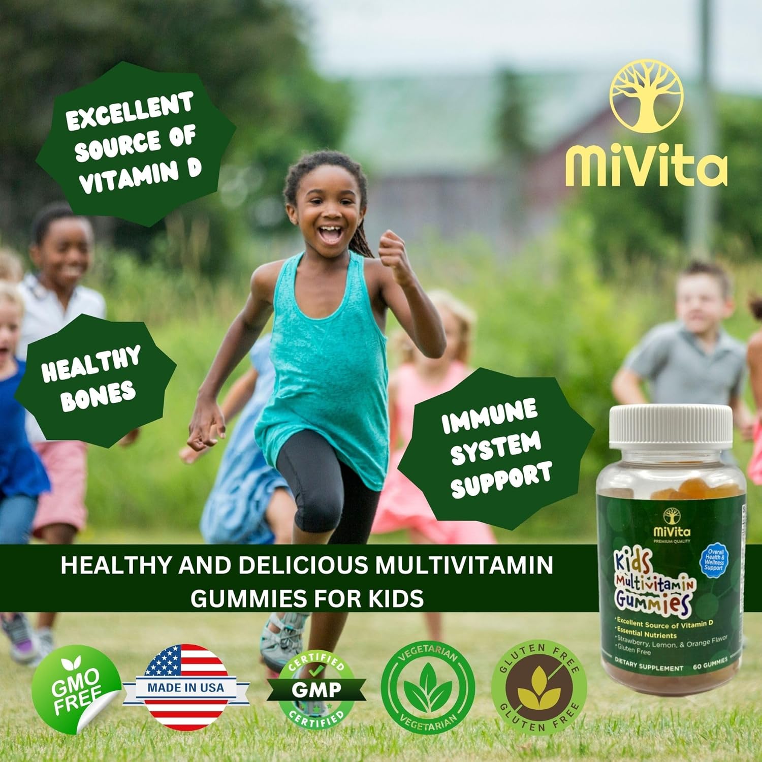 MiVita Organic Children's Multivitamin Gummies 60ct - All-Natural Vegetarian Plant-Based Fruit Gummies for Kids & Teens - Low Sugar & Delicious