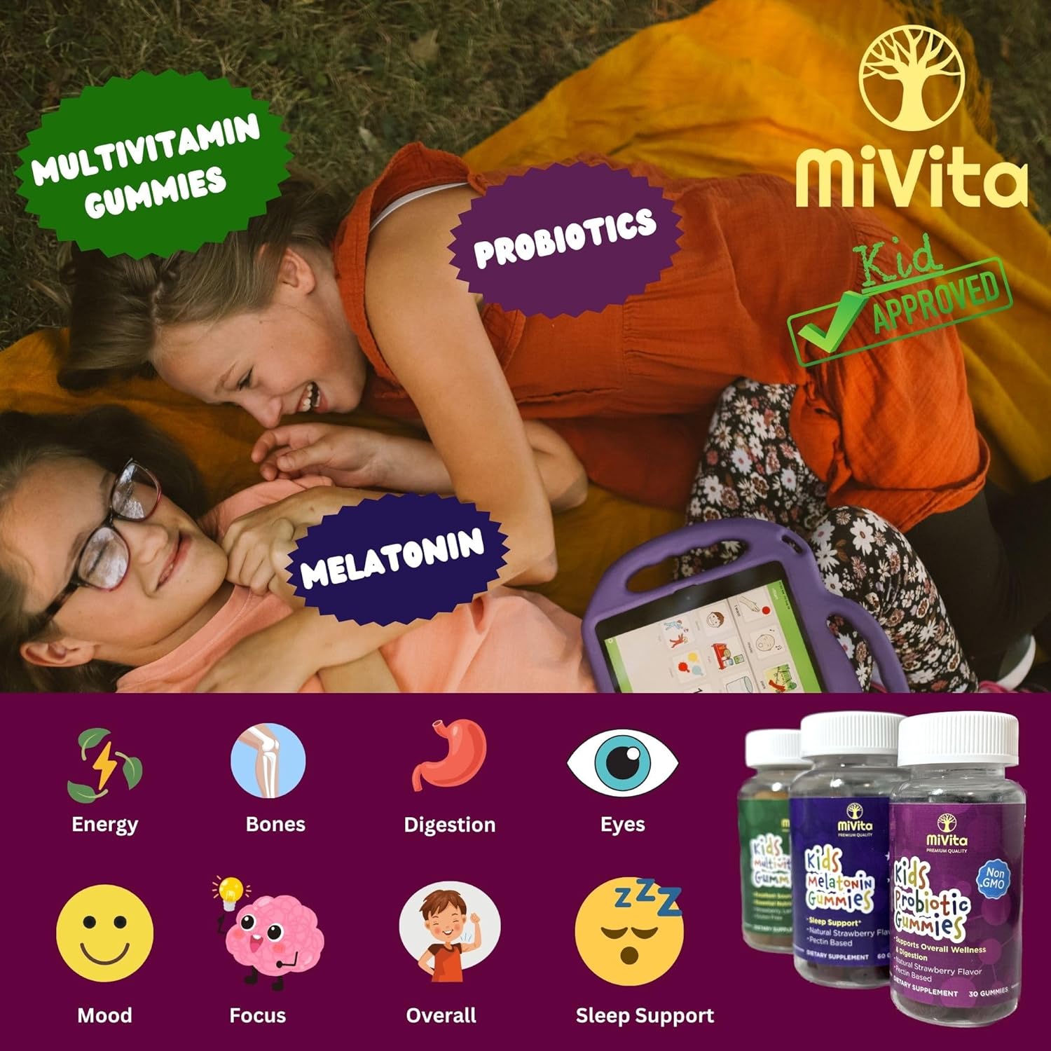 MiVita Organic Children's Multivitamin Gummies 60ct - All-Natural Vegetarian Plant-Based Fruit Gummies for Kids & Teens - Low Sugar & Delicious