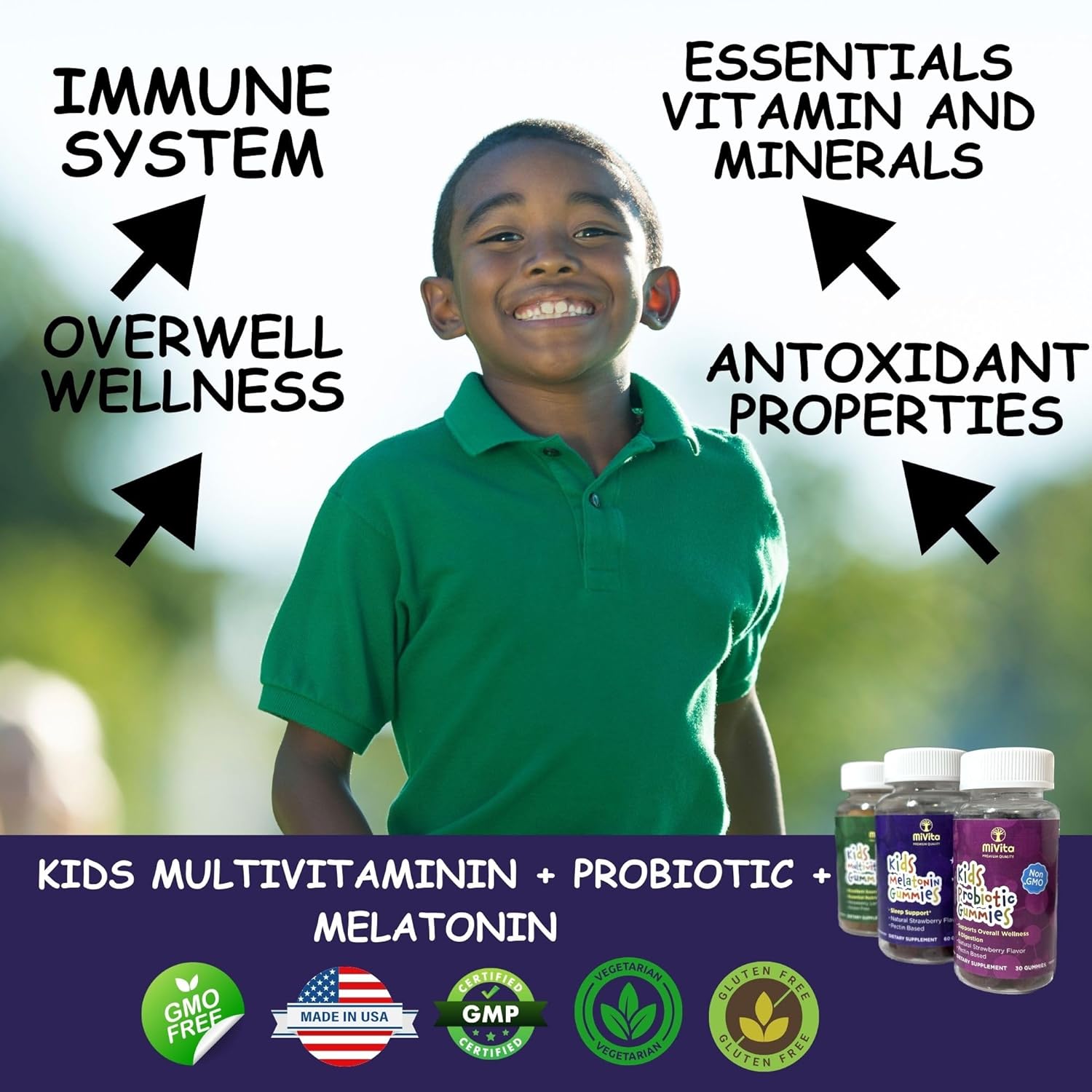 MiVita Organic Children's Multivitamin Gummies 60ct - All-Natural Vegetarian Plant-Based Fruit Gummies for Kids & Teens - Low Sugar & Delicious