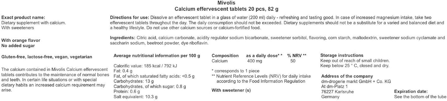 Mivolis Calcium Effervescent Tablets - 80 pcs Total - Dietary Supplements Made in Germany