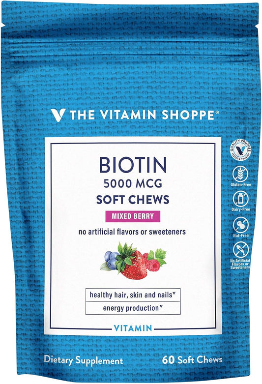 Mixed Berry Biotin Soft Chews - 5,000mcg for Hair, Skin & Nails - 60 Chews - The Vitamin Shoppe