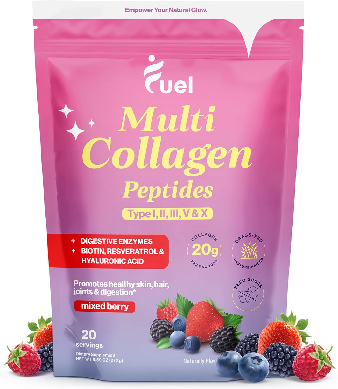 Mixed Berry Collagen Protein Powder with Hyaluronic Acid & Biotin - Hydrolyzed Collagen Types I, II, III, V, X for Women - Promotes Skin, Hair, Nails - Multi Collagen Peptides Powder