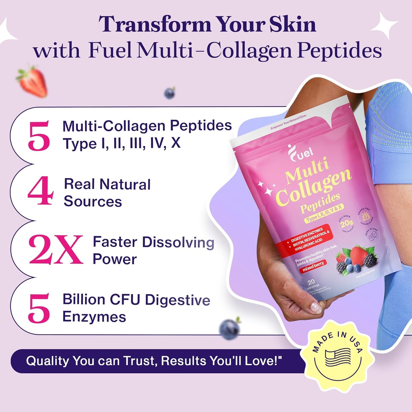 Mixed Berry Collagen Protein Powder with Hyaluronic Acid & Biotin - Hydrolyzed Collagen Types I, II, III, V, X for Women - Promotes Skin, Hair, Nails - Multi Collagen Peptides Powder