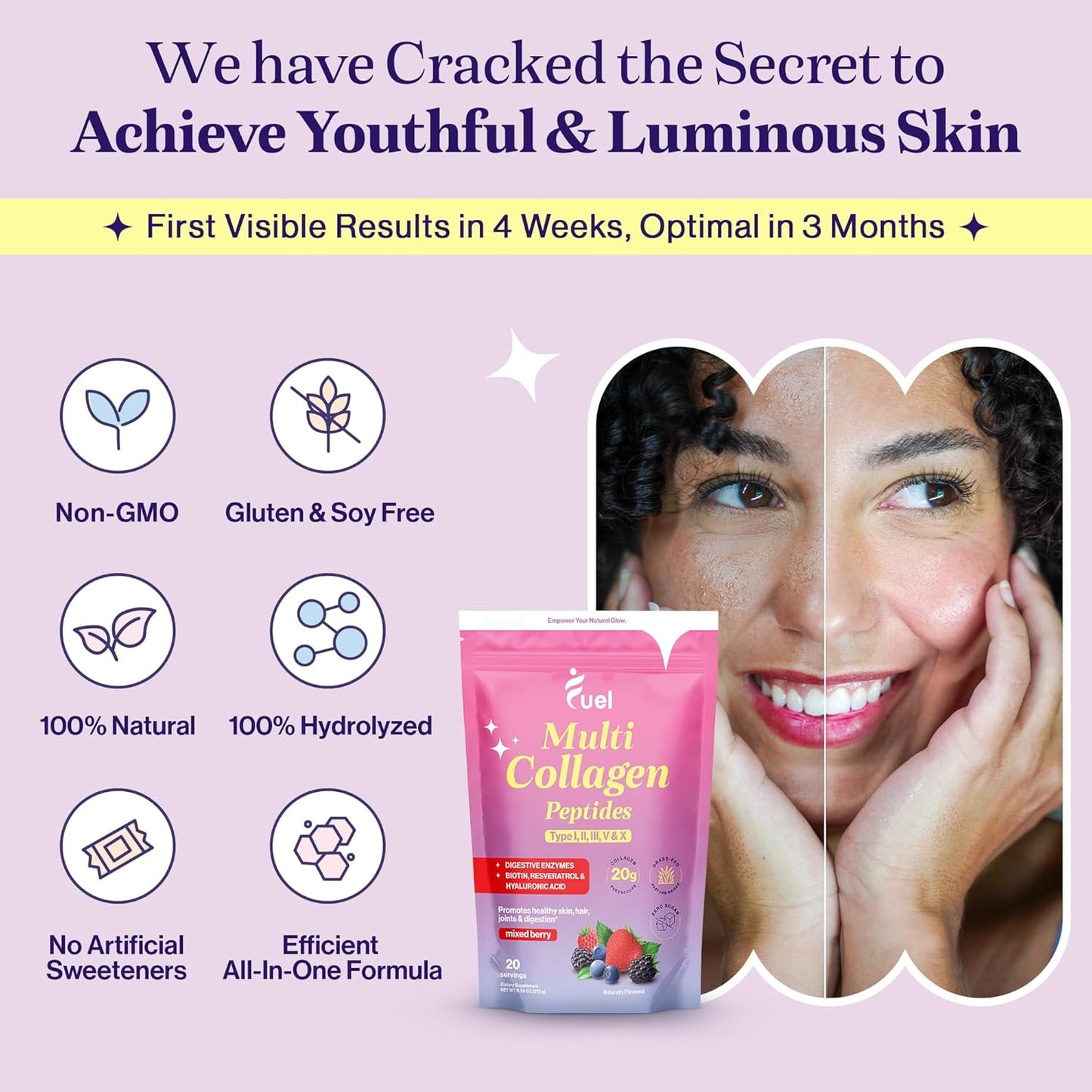 Mixed Berry Collagen Protein Powder with Hyaluronic Acid & Biotin - Hydrolyzed Collagen Types I, II, III, V, X for Women - Promotes Skin, Hair, Nails - Multi Collagen Peptides Powder