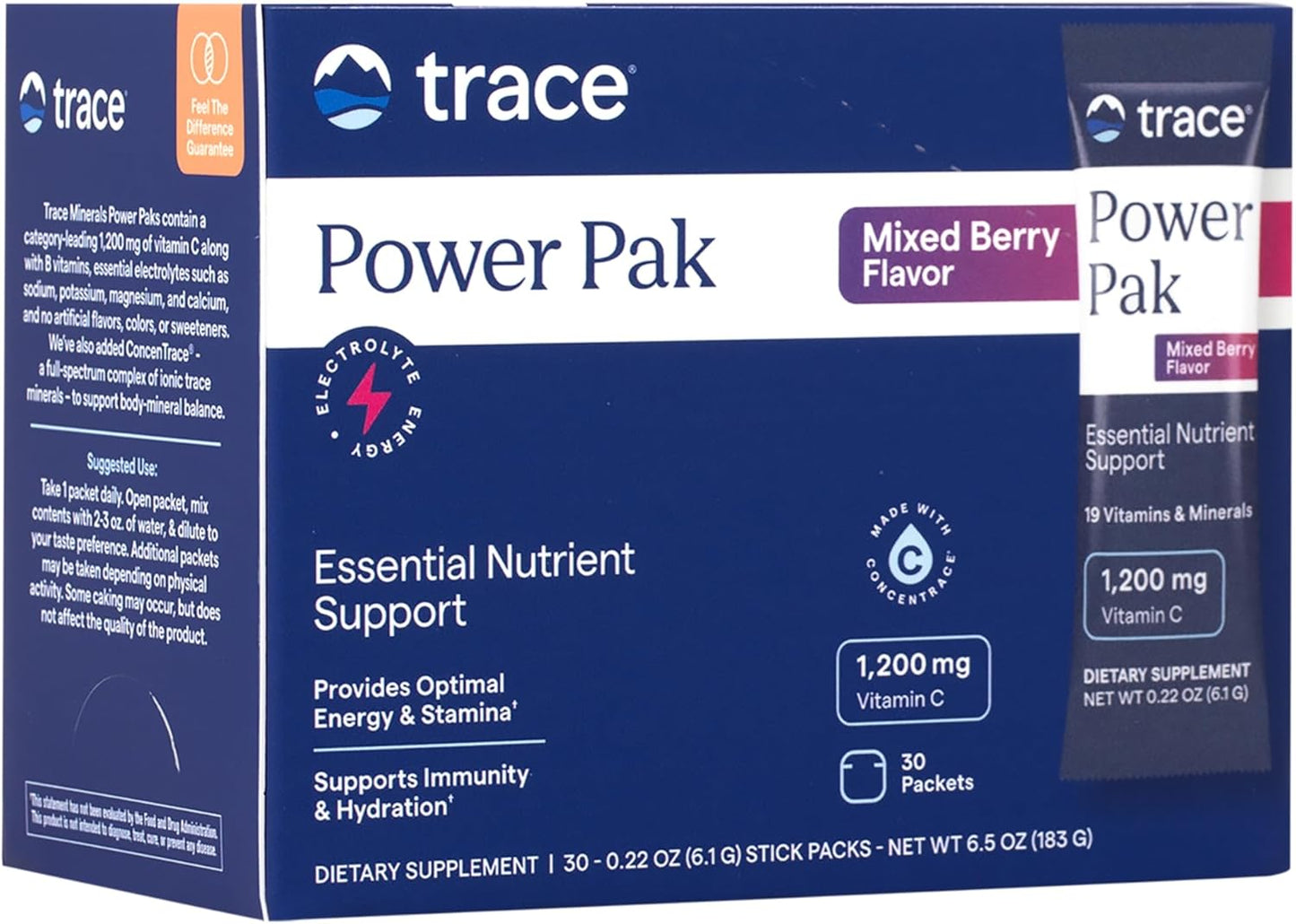 Mixed Berry Electrolyte Powder Packets with Trace Minerals - Boost Immunity & Hydration - 1200 mg Vitamin C, Zinc, Magnesium - 30 Packets
